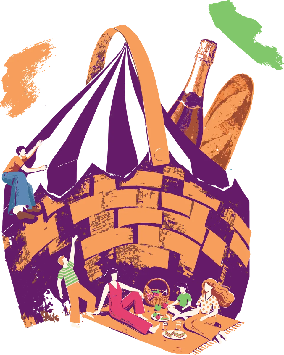 Velký piknikový koš s prosseccem a bagetou, u jeho paty sedí
lidé na dece